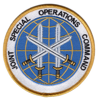 Joint Special Operations Command circular patch with blue globe gold grid lines three crossed silver sabers gold ring white background