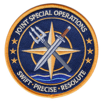 Joint Special Operations Swift Precise Resolute circular patch with compass rose silver trident gray dagger ocean waves navy gold