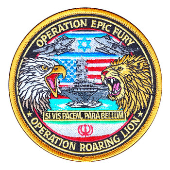 Operation Epic Fury Operation Roaring Lion circular patch with US bald eagle Israel lion carrier battle group F/A-18s and Si Vis Pacem Para Bellum motto