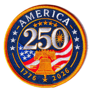Round navy America 250 patch with a large white 250, a gold Liberty Bell in front of a waving American flag, and the dates 1776 and 2026 inside a gold border.