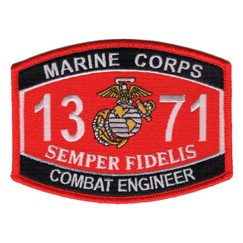 Red and black Marine Corps MOS patch with 13 and 71 on either side of a gold and silver eagle, globe and anchor, SEMPER FIDELIS below, MARINE CORPS and COMBAT ENGINEER on black bands, red merrowed edge.