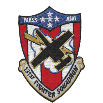 131st Fighter Squadron A-10 patch, heraldic shield with MASS ANG stars, red and white stripes, black Warthog with gold lightning bolts, Massachusetts Air National Guard