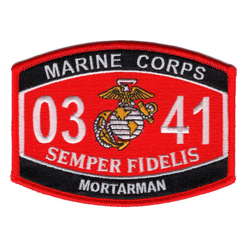 Red and black Marine Corps MOS patch with white 03 and 41 numerals around a gold eagle, globe and anchor, Semper Fidelis below and Mortarman on the bottom band.