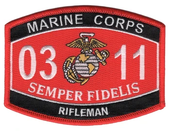 Red and black Marine Corps 0311 Rifleman MOS patch with white 03 and 11 flanking a gold and silver eagle, globe and anchor above SEMPER FIDELIS.