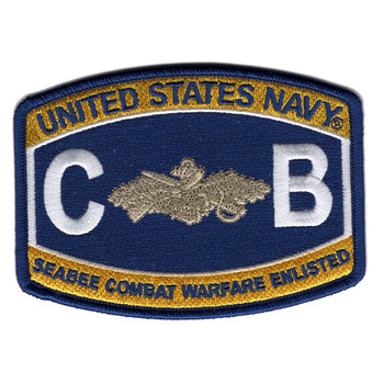 Barrel-shaped Navy rating-style patch with gold bands reading United States Navy and Seabee Combat Warfare Enlisted, white letters C and B flanking the silver SCW device on navy blue with a merrowed border.