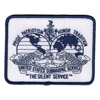 White patch in navy thread with dolphins, submarine bow, two hemispheres and THE SILENT SERVICE, US Submarine Service.