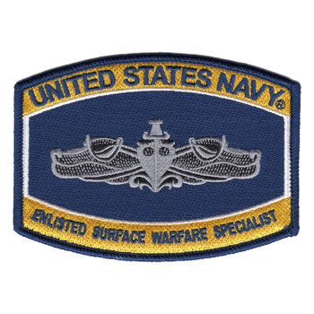 Navy Enlisted Surface Warfare Specialist patch with a silver-gray surface warfare device on navy blue, between gold banners reading UNITED STATES NAVY and ENLISTED SURFACE WARFARE SPECIALIST.
