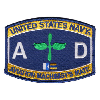 US Navy Aviation Machinist's Mate patch with A and D letters, a green winged propeller and Alfa and Delta signal flags