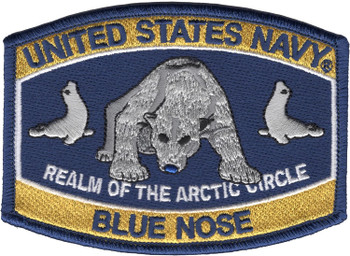 Navy Blue Nose hat patch with a gray polar bear with a blue nose between two white seals, gold bars reading United States Navy and Blue Nose, and a blue merrowed edge.