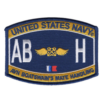 Navy rating patch with white AB and H beside gold wings around crossed anchors, Alfa and Bravo signal flags below, and gold bands reading United States Navy and Avn Boatswain's Mate Handling.