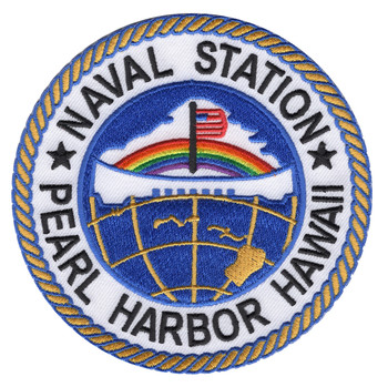 Round Naval Station Pearl Harbor Hawaii patch with a gold and blue rope border, the white USS Arizona Memorial and flag under a rainbow, and the Hawaiian Islands in gold on a blue globe.