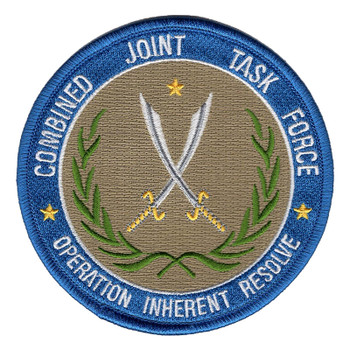 Round Combined Joint Task Force Operation Inherent Resolve patch with a blue merrowed edge, crossed silver sabers and green branches on a tan field, and three gold stars.