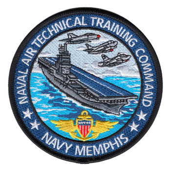 Round Naval Air Technical Training Command Navy Memphis patch with a gray aircraft carrier and three jets inside a blue ring, gold wings with a shield below, black edge.
