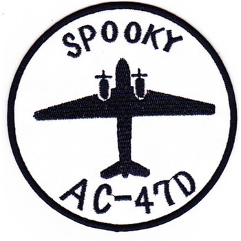 Patch featuring AC-47 aircraft profile with gun ports visible, Spooky callsign, dark operational colors.