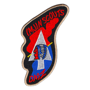 Embroidered Imjin Scouts DMZ patch with red lettering on black, a red and blue map of Korea and a white Indianhead arrowhead, cut to a curved outline with a tan border.