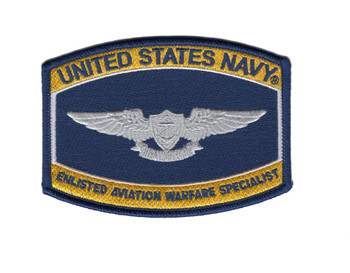 Navy blue ratings-style patch with gold bands reading United States Navy and Enlisted Aviation Warfare Specialist, silver wings with fouled anchor shield and Air Warfare scroll at center.