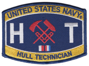 Navy blue and gold HT Hull Technician patch with a crossed red maul and axe over a carpenter's square between a white H and T.