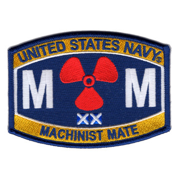 Arched Machinist Mate US Navy rating hat patch with a red three-bladed propeller between two white M letters on navy blue, gold bands reading United States Navy and Machinist Mate, and a navy merrowed border.