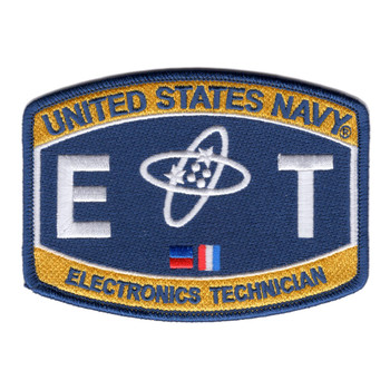 Navy blue embroidered patch with gold arched borders reading 'United States Navy' and 'Electronics Technician,' large white ET letters flanking a white atom-and-stars emblem at center, merrowed edge border.