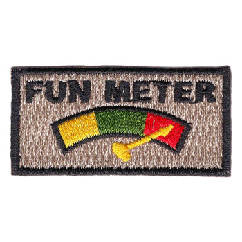 Small rectangular FUN METER patch with a black border, a yellow, green and red arched gauge and a gold needle pointing into the red.