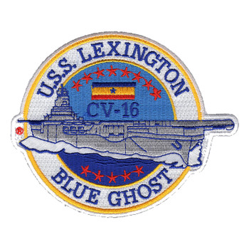 USS Lexington CV-16 Blue Ghost patch with a gray Essex class carrier profile breaking out of a white and gold circle, red stars and a blue, gold and scarlet ribbon.
