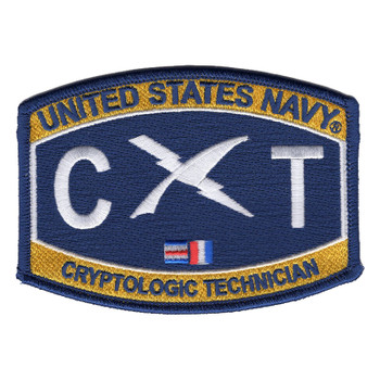 Navy blue rating-style patch with gold bands reading United States Navy and Cryptologic Technician, a white C and T flanking a crossed quill and lightning bolt, and small Charlie and Tango signal flags.