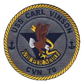 Round gray patch, gold rope border, USS CARL VINSON and CVN 70, a bald eagle over a navy V holding a VIS PER MARE banner.