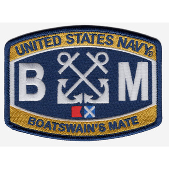 Keystone shaped embroidered Boatswain's Mate rating patch with gold bands reading United States Navy and Boatswain's Mate, white crossed anchors between large white B and M letters, and Bravo and Mike signal flags on a navy blue field.