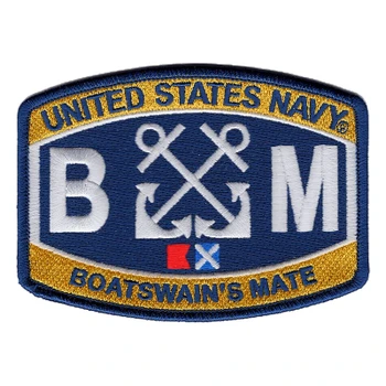 Navy blue Boatswain's Mate patch with white BM letters, crossed anchors, Bravo and Mike flags and gold United States Navy arc