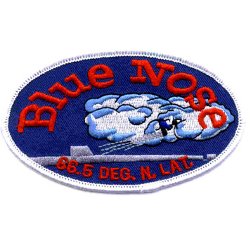 Oval embroidered Blue Nose patch with white merrowed border, deep blue field, red Blue Nose lettering, a north wind cloud driving snow over a surfaced submarine, and 66.5 Deg. N. Lat. along the bottom.