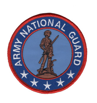 A round Army National Guard patch with a red merrowed border and dark blue ring, ARMY NATIONAL GUARD in white above and five white stars below, the bronze Concord Minuteman with plow and musket on a pale blue center field.