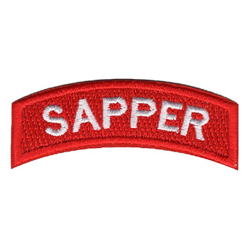 Red arched Sapper tab patch with white block letters spelling SAPPER inside a red stitched border
