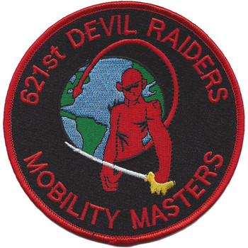 Patch with Devil Raiders emblem and Mobility Masters motto, featuring bold colors representing the 621st CRW's global rapid deployment capability and air mobility mission.