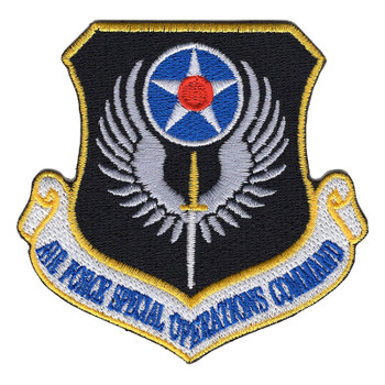 Shield Air Force Special Operations Command patch with gray wings, a sword and a red-centered star on black, and a white scroll in blue.