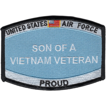 Rectangular family heritage patch with text identifying son of Vietnam veteran, featuring Air Force colors and embroidered military insignia.
