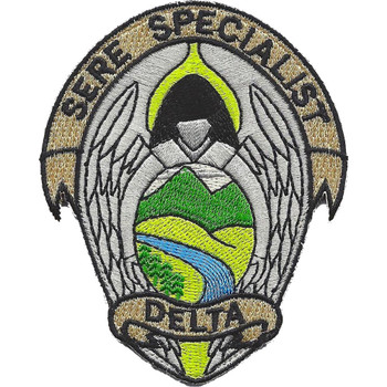 Tactical patch with Delta-level SERE instructor insignia, embroidered with hook-and-loop backing, featuring specialized instructor designation and military colors.