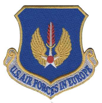 Blue shield patch with a gold border, gold wings around an upright sword and white star, and a silver scroll reading U.S. AIR FORCES IN EUROPE.