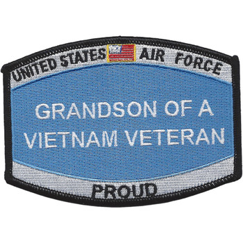 Rectangular family heritage patch with text identifying grandson of Vietnam veteran, featuring Air Force colors and embroidered military insignia.