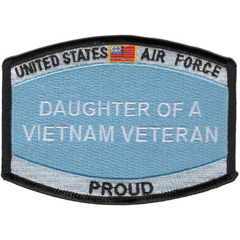 Rectangular family heritage patch with text identifying daughter of Vietnam veteran, featuring Air Force colors and embroidered military insignia.