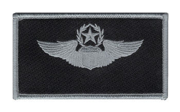 Black and silver command pilot wings patch with detailed embroidery showing advanced pilot insignia, featuring professional military embroidered finish.