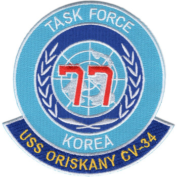 Round USS Oriskany CV-34 Task Force 77 Korea patch with a red 77 on a white globe inside olive branches, light blue field and a dark blue scroll lettered in gold.