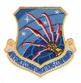 Command patch with Air Force Communications Command insignia featuring signal and communications imagery, embroidered in command colors with institutional design.