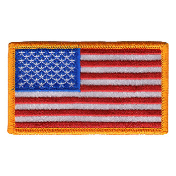 Rectangular United States flag patch with 50 white stars on a blue union, red and white stripes and a gold merrowed border.
