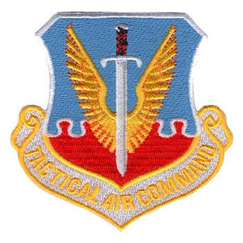 Shield-shaped Tactical Air Command patch with gold wings and a silver sword on a light blue and red field, a gold and white TACTICAL AIR COMMAND scroll and a white cut edge border.