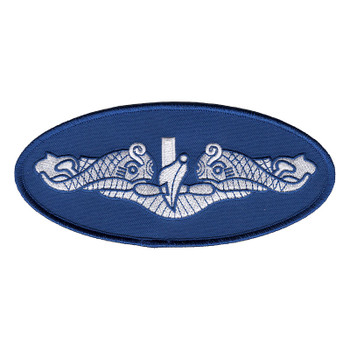 Large blue oval patch with silver embroidered submarine dolphins, two dolphinfish flanking the bow and conning tower of a submarine, with a navy merrowed edge.