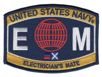 Navy blue and gold Electrician's Mate rating patch with a white E and M beside a red globe, the Echo and Mike signal flags below, and UNITED STATES NAVY and ELECTRICIAN'S MATE in navy lettering.
