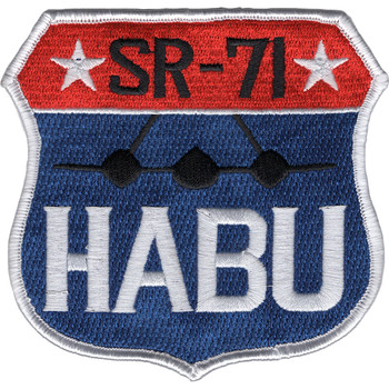 Patch featuring SR-71 Blackbird aircraft in profile silhouette, 'HABU' designation, sleek dark colors with distinctive spy plane design.