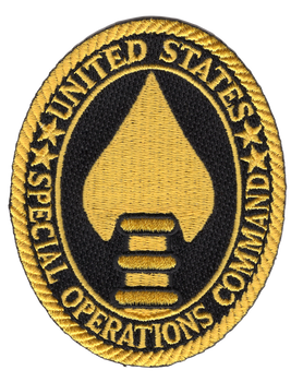 United States Special Operations Command oval black patch with gold rope border and SOCOM arrowhead insignia