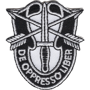 Small black and white Special Forces crest patch with a fighting knife point up over crossed arrows and a scroll reading DE OPPRESSO LIBER.