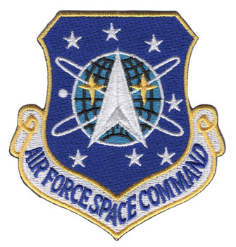 Circular patch with Space Command emblem featuring orbital and space insignia, blue and white colors with celestial operations design.